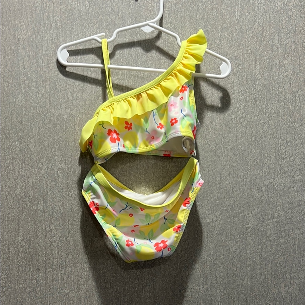 Vibrant Yellow and Red Floral Bikini with Ruffled Strap